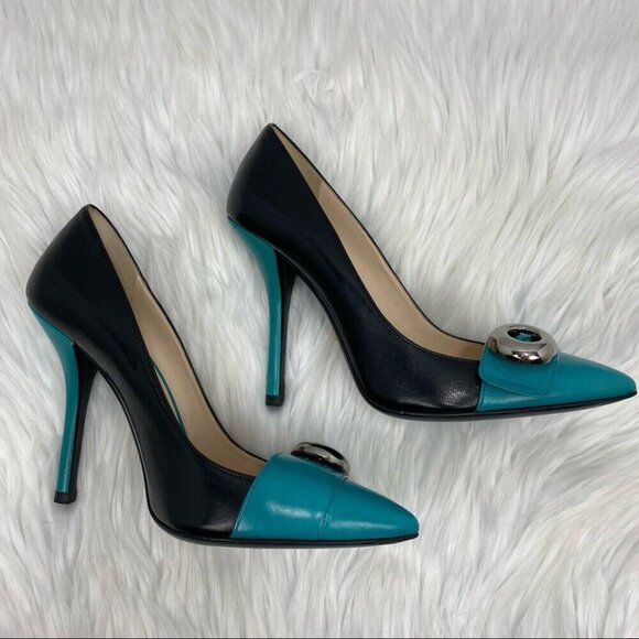 Prada Women's Capretto Turchese Silver Accent Pointed Toe Bicolor Pumps‎ EU 37.5 - Picture 5 of 11